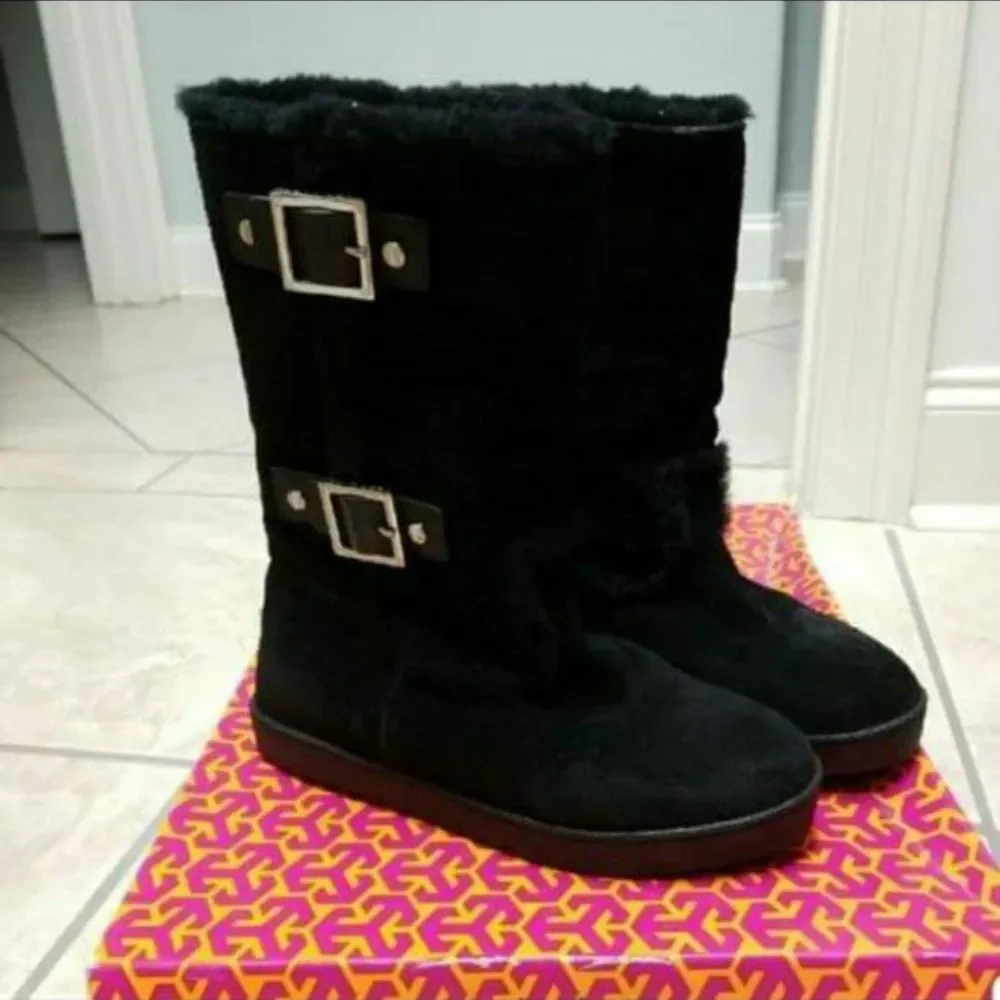 Tory Burch Black Shearling Nadine Amelie Buckle Suede Leather Boots Size 7.5
